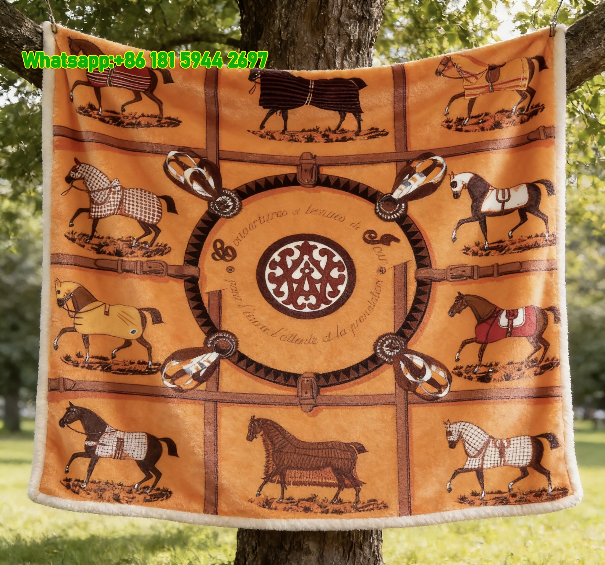 Hermès Equestrian Horse Print Flannel Fleece Throw Blanket IMG_4947